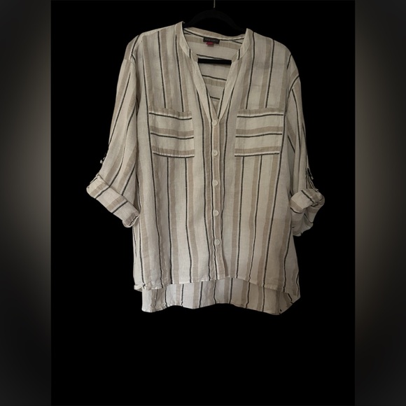 Vince Camuto Tops - Vince Camuto Striped Button-Front Roll-Sleeve Women's Top - Cream/Black